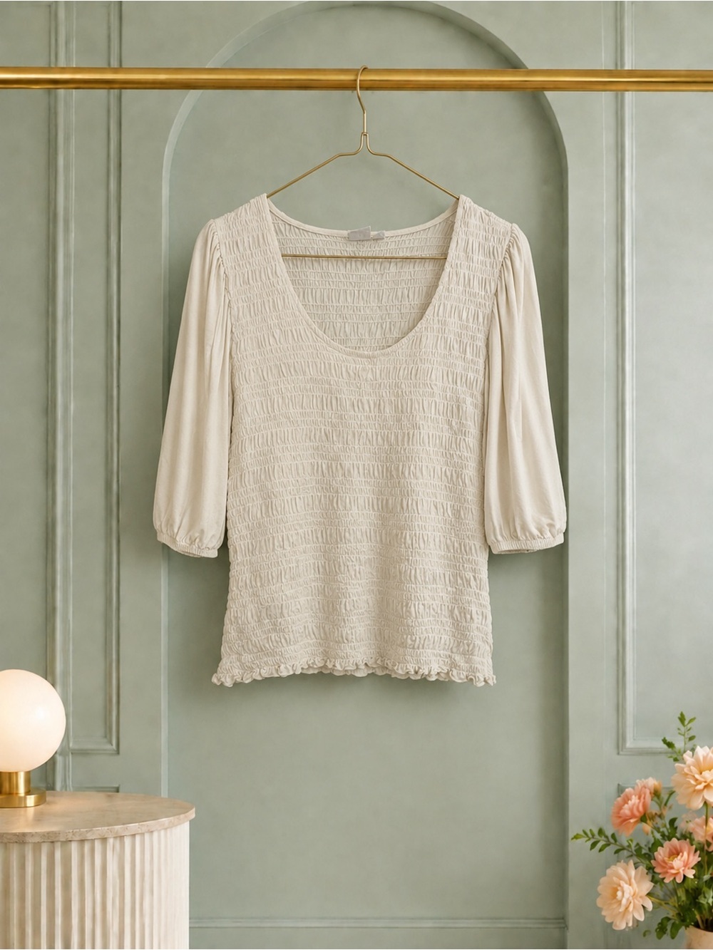GAP Ivory Smocked Puff Sleeve Top Textured Stretch Blouse S